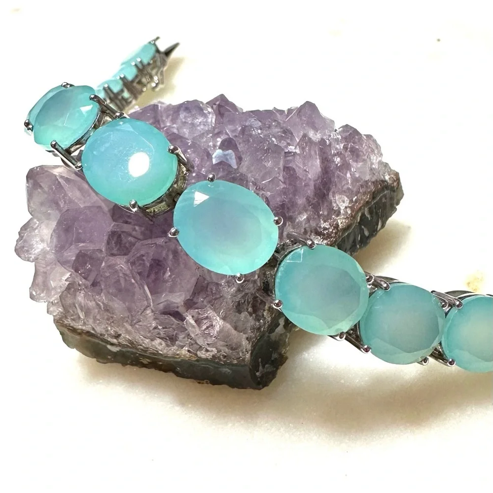 Oval Faceted Aqua Blue Chalcedony Sterling Silver Line Tennis Bracelet 12mm